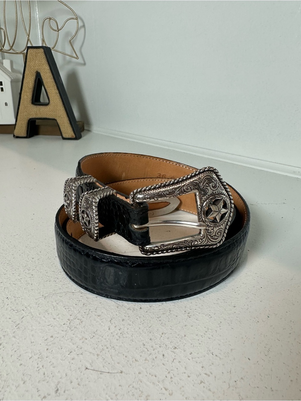 Tony Lama Belt Size 36 Black Leather Embossed Western Belt Silver Star Buckle
